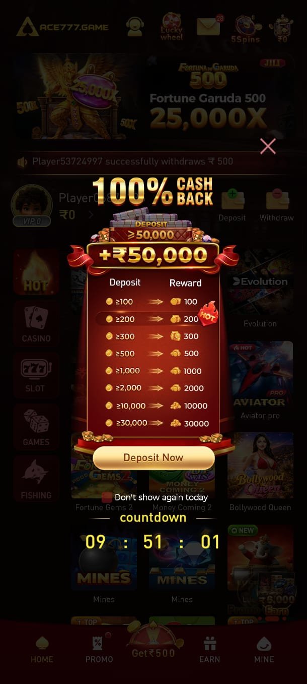 ACE777 Game homepage featuring online gaming platform with secure login and latest APK download